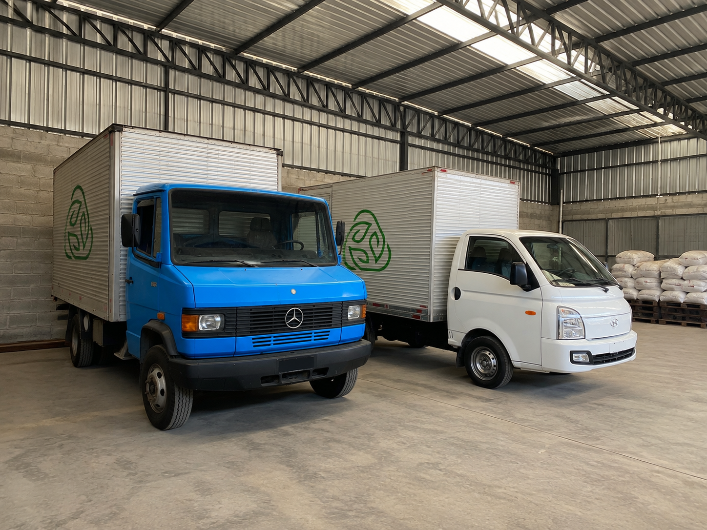 Caminhão da frota própria da Recicleplas carregado, saindo para entrega