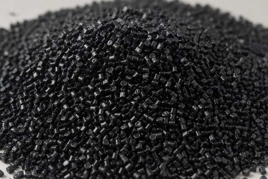 Pellets de poliestireno reciclado na cor preta, em grande quantidade
